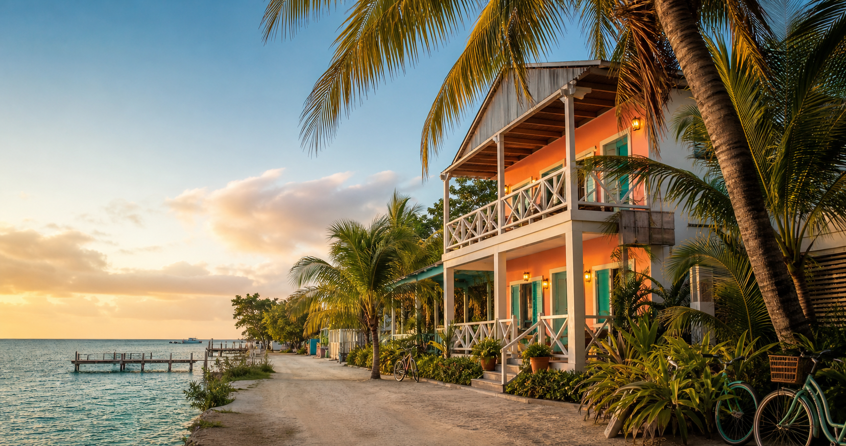 A warm Caribbean island inn near turquoise water and palm trees