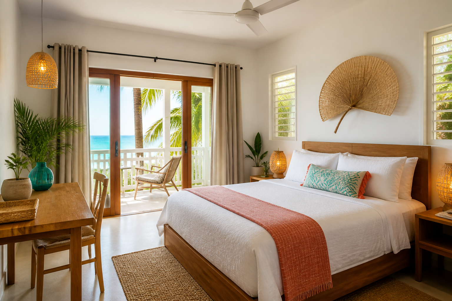 A bright boutique island hotel room with white linen and tropical accents
