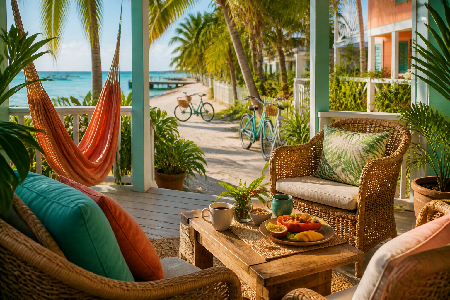A relaxed tropical hotel terrace with hammocks, bicycles, and Caribbean water nearby